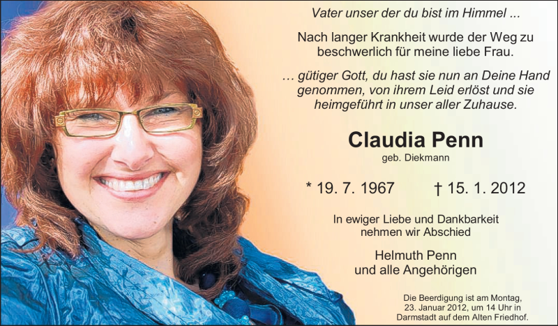  Traueranzeige für Claudia Penn vom 21.01.2012 aus Darmstädter Echo, Odenwälder Echo, Rüsselsheimer Echo, Groß-Gerauer-Echo, Ried Echo