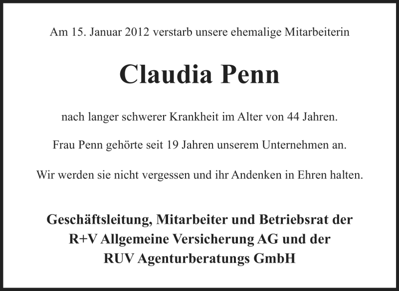  Traueranzeige für Claudia Penn vom 28.01.2012 aus Echo-Zeitungen (Gesamtausgabe)