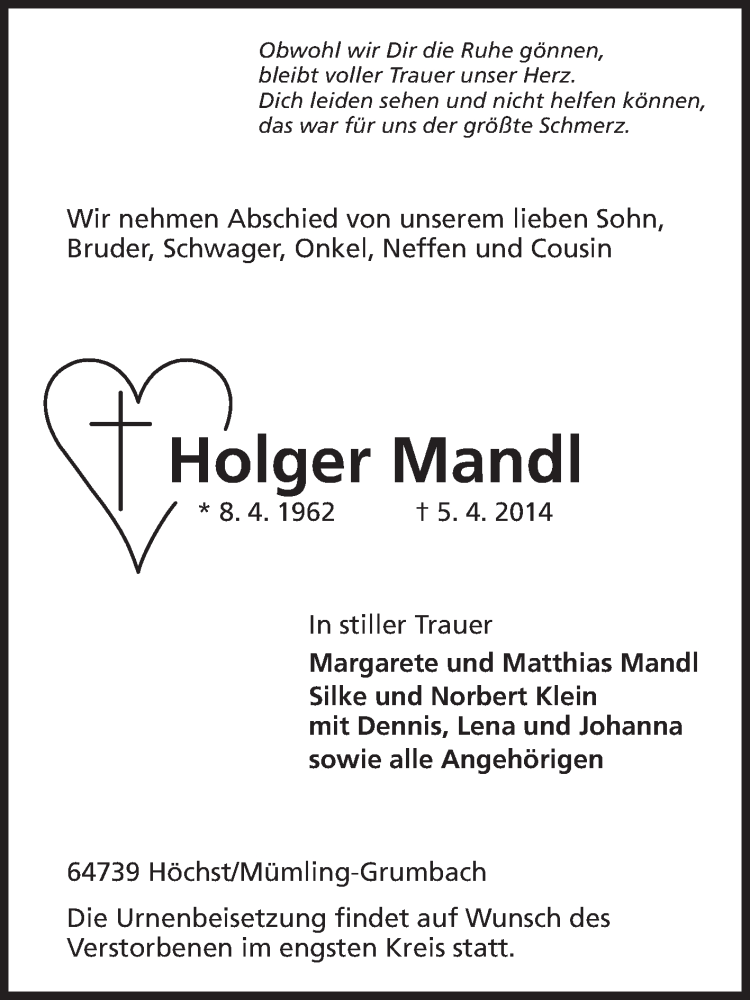  Traueranzeige für Holger Mandl vom 12.04.2014 aus Odenwälder Echo