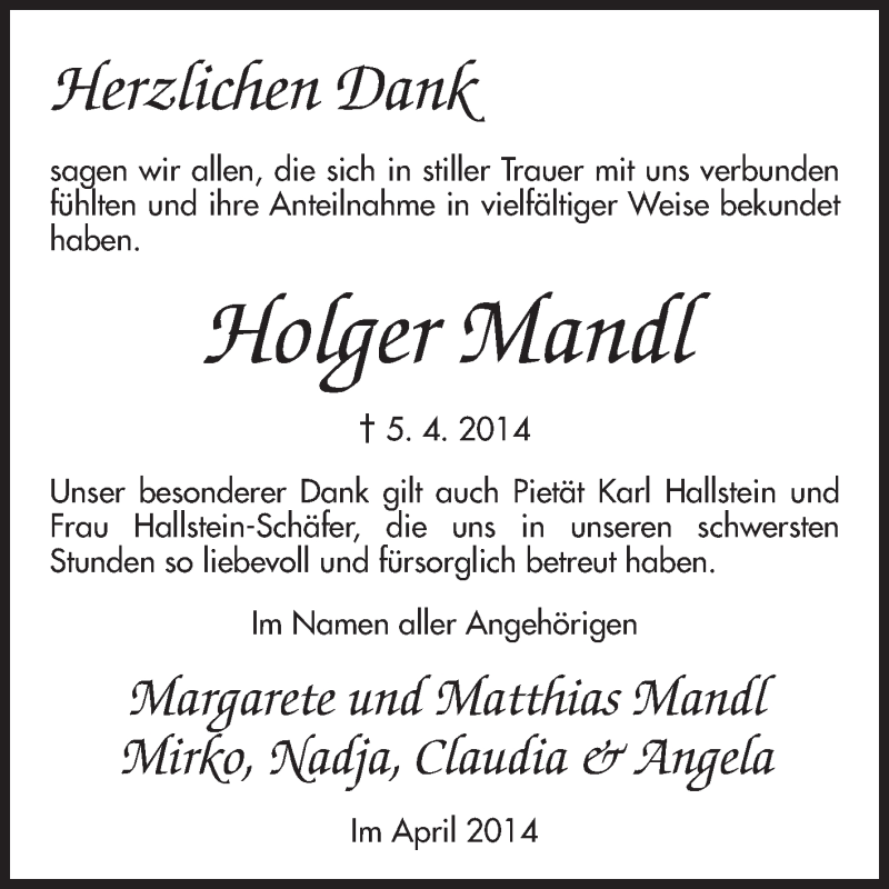  Traueranzeige für Holger Mandl vom 26.04.2014 aus Odenwälder Echo