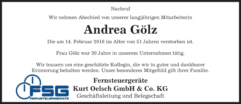 Traueranzeige für Andrea Gölz vom 29.02.2016 aus trauer.echo-online.de