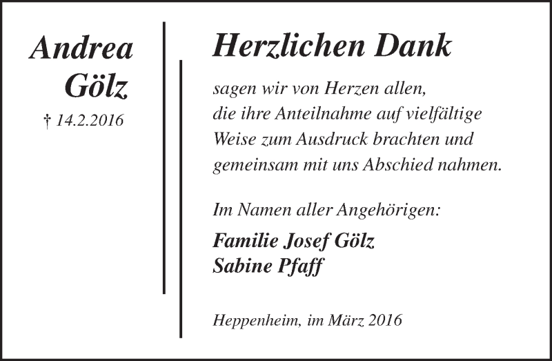  Traueranzeige für Andrea Gölz vom 12.03.2016 aus trauer.echo-online.de