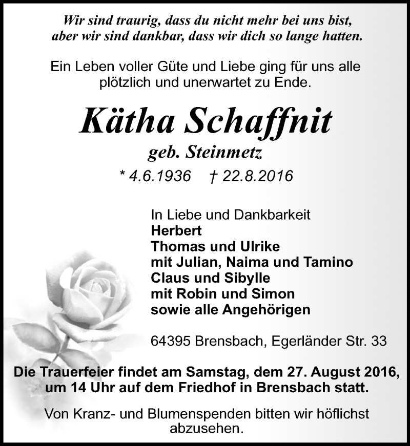  Traueranzeige für Kätha Schaffnit vom 25.08.2016 aus Trauerportal Echo Online