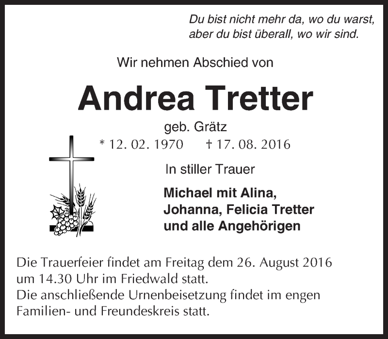  Traueranzeige für Andrea Tretter vom 24.08.2016 aus Trauerportal Echo Online