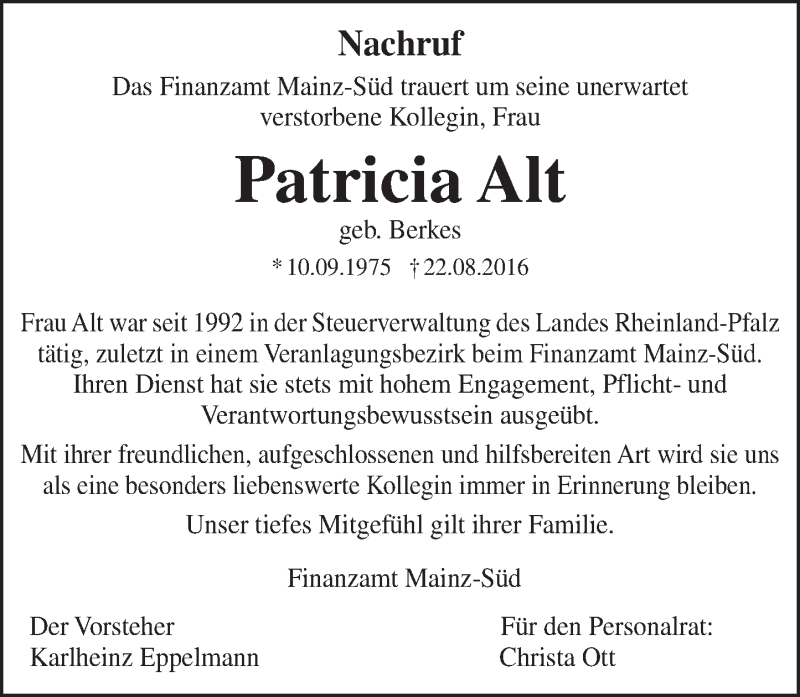  Traueranzeige für Patricia Alt vom 24.08.2016 aus Trauerportal Rhein Main Presse