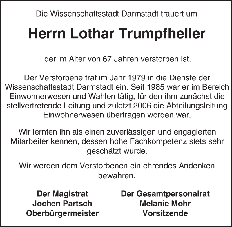  Traueranzeige für Lothar Trumpfheller vom 27.08.2016 aus Trauerportal Echo Online