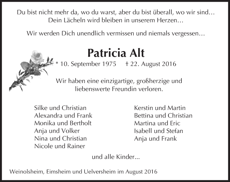  Traueranzeige für Patricia Alt vom 24.08.2016 aus Trauerportal Rhein Main Presse