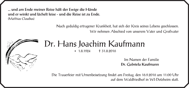  Traueranzeige für Hans Joachim Kaufmann vom 03.09.2016 aus Trauerportal Rhein Main Presse
