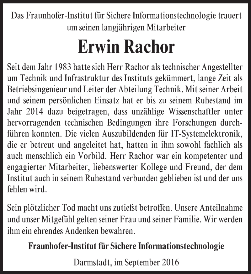  Traueranzeige für Erwin Rachor vom 29.09.2016 aus Trauerportal Echo Online
