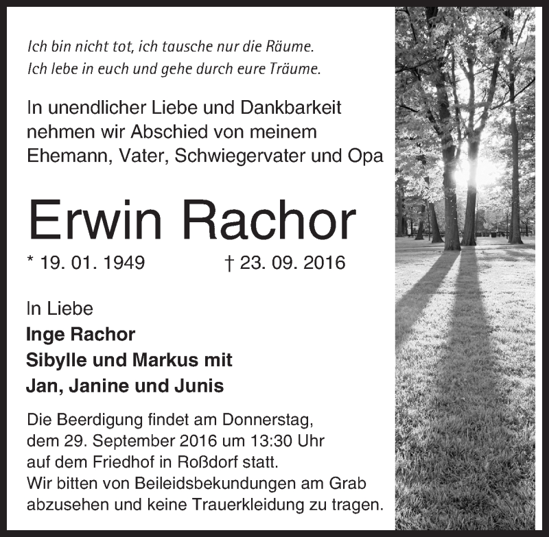  Traueranzeige für Erwin Rachor vom 27.09.2016 aus Trauerportal Echo Online
