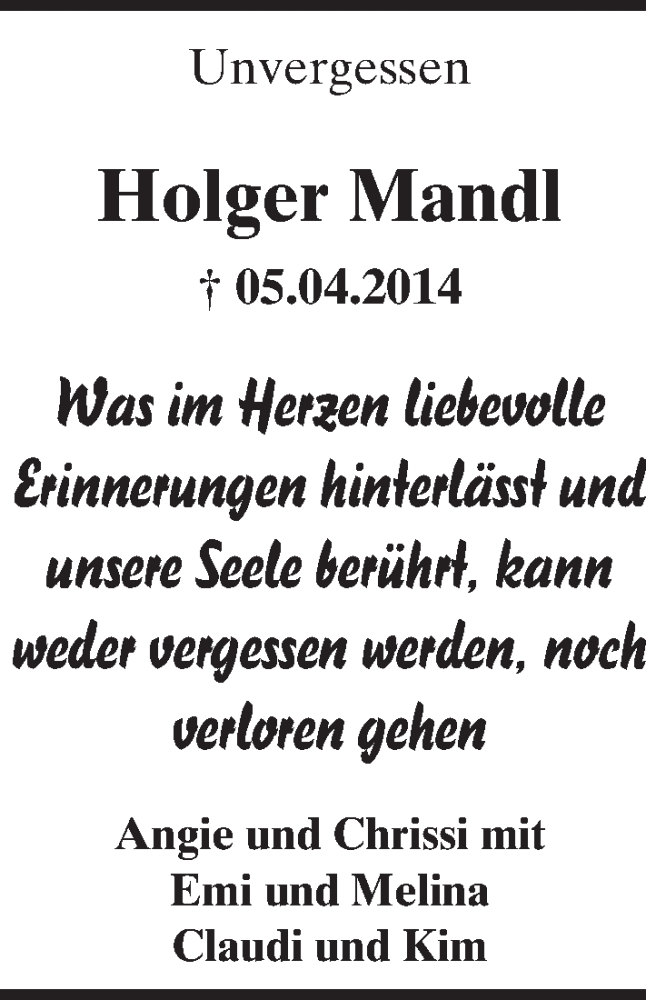  Traueranzeige für Holger Mandl vom 05.04.2017 aus Trauerportal Rhein Main Presse