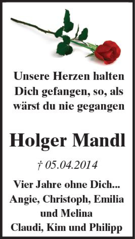  Traueranzeige für Holger Mandl vom 05.04.2018 aus Trauerportal Rhein Main Presse