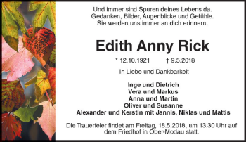 Traueranzeige von Edith Anny Rick von Trauerportal Rhein Main Presse