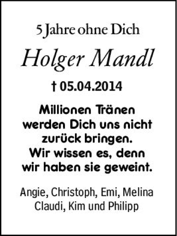 Traueranzeige für Holger Mandl vom 05.04.2019 aus vrm-trauer