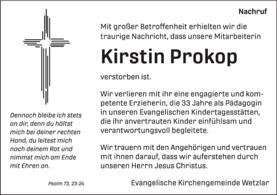 Traueranzeige von Kirstin Prokop von Wetzlarer Neue Zeitung