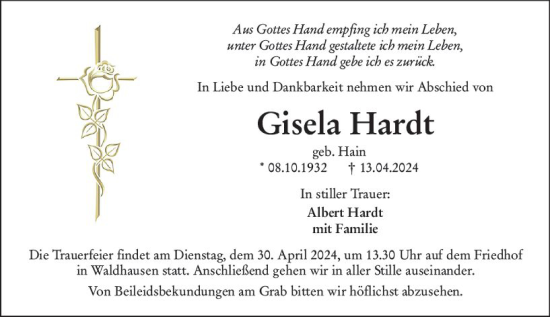 Traueranzeige von Gisela Hardt von Weilburger Tageblatt