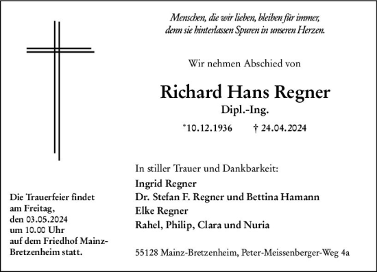 Traueranzeige von Richard Hans Regner von Allgemeine Zeitung Mainz