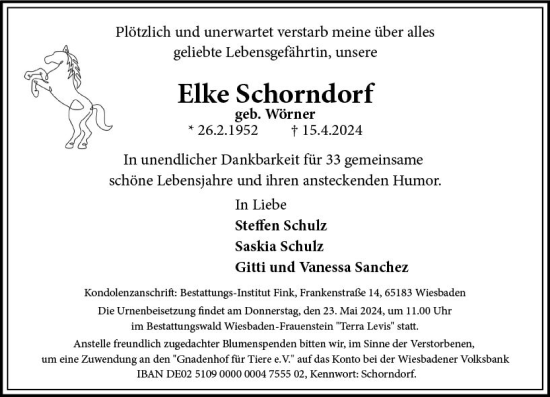 Traueranzeige von Elke Schorndorf von Wiesbadener Kurier