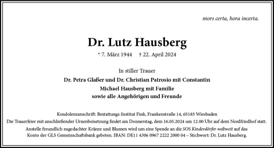 Traueranzeige von Lutz Hausberg von Wiesbadener Kurier