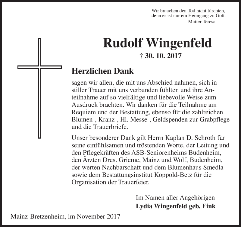  Traueranzeige für Rudolf Wingenfeld vom 05.12.2017 aus 