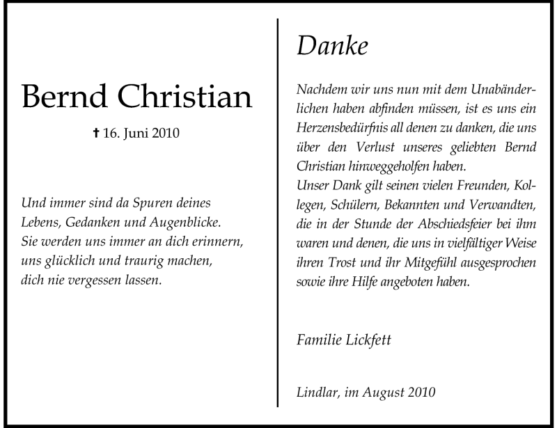  Traueranzeige für Bernd Christian Lickfett vom 07.08.2010 aus Echo-Zeitungen (Gesamtausgabe)