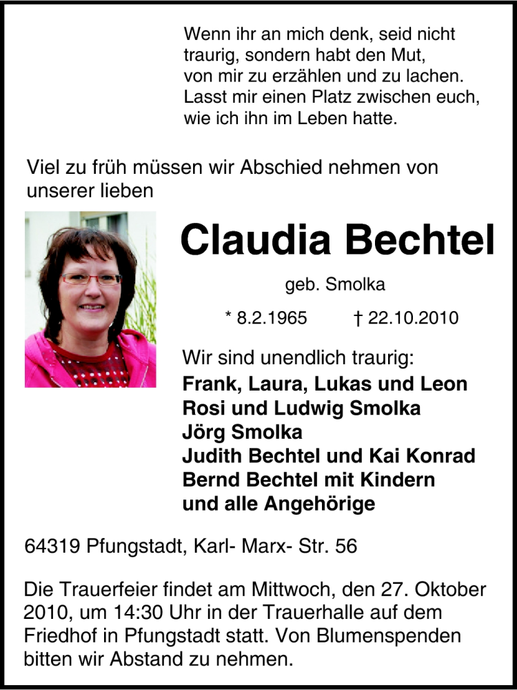  Traueranzeige für Claudia Bechtel vom 25.10.2010 aus Echo-Zeitungen (Gesamtausgabe)