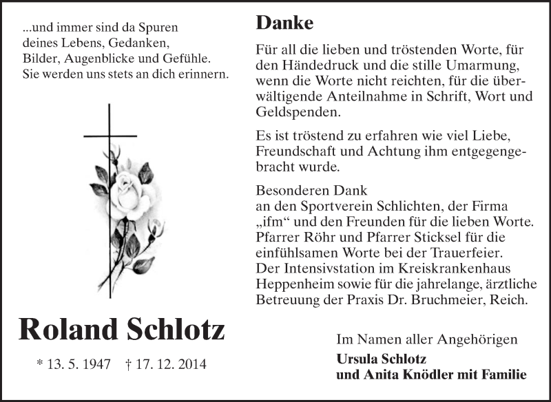  Traueranzeige für Roland Schlotz vom 30.01.2015 aus Starkenburger Echo