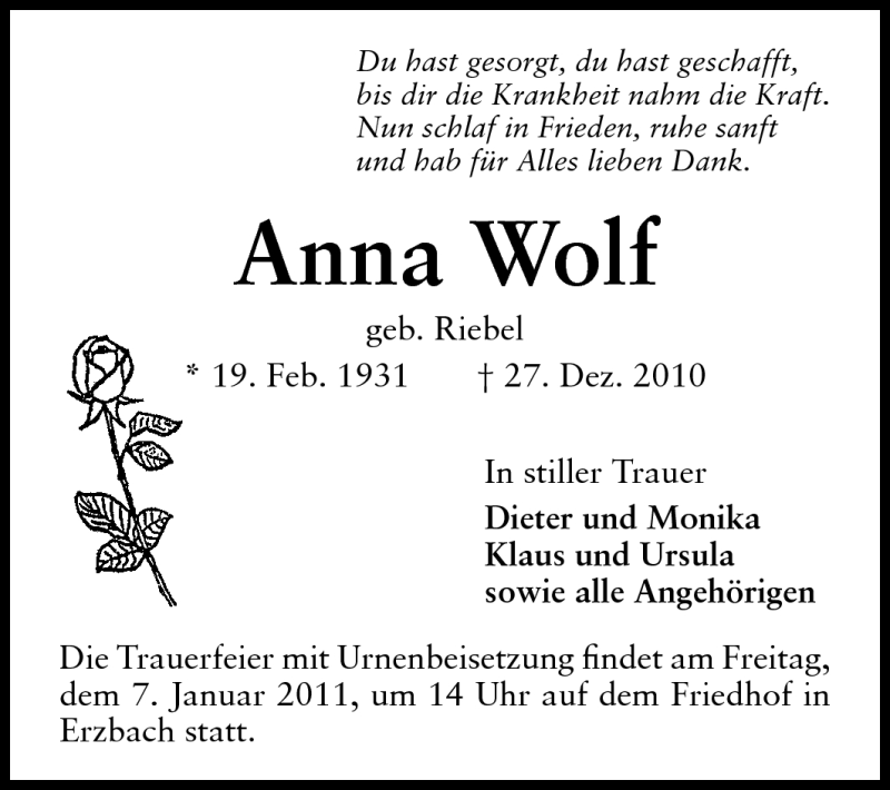  Traueranzeige für Anna Wolf vom 05.01.2011 aus Odenwälder Echo
