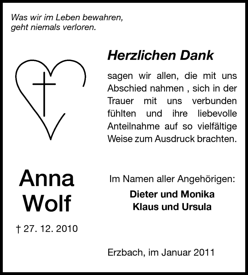  Traueranzeige für Anna Wolf vom 22.01.2011 aus Odenwälder Echo