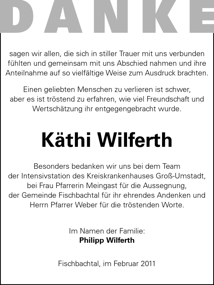  Traueranzeige für Käthi Wilferth vom 19.02.2011 aus Echo-Zeitungen (Gesamtausgabe)
