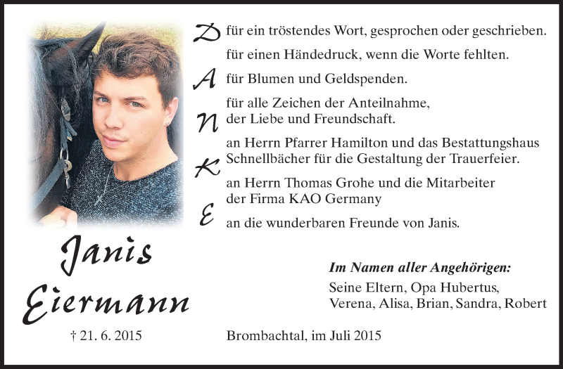 Traueranzeige für Janis Eiermann vom 25.07.2015 aus Echo-Zeitungen (Gesamtausgabe)