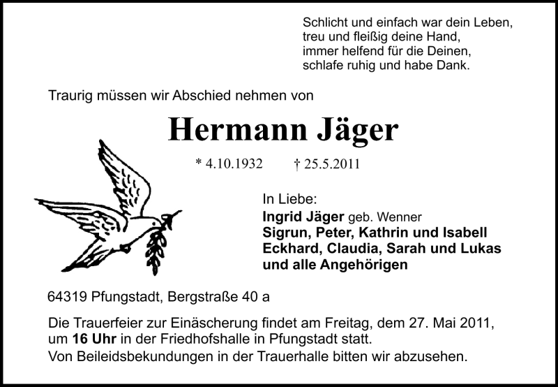  Traueranzeige für Hermann Jäger vom 26.05.2011 aus Echo-Zeitungen (Gesamtausgabe)