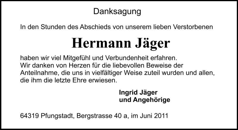  Traueranzeige für Hermann Jäger vom 11.06.2011 aus Echo-Zeitungen (Gesamtausgabe)