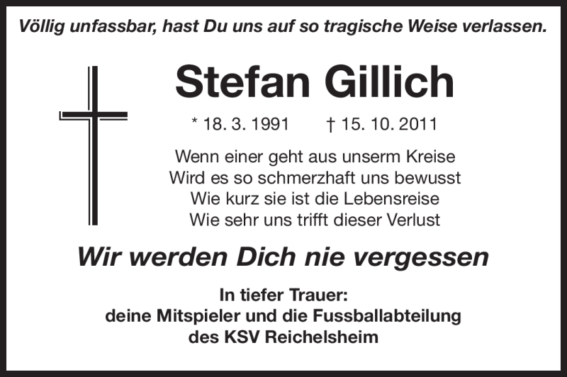  Traueranzeige für Stefan Gillich vom 19.10.2011 aus Echo-Zeitungen (Gesamtausgabe)