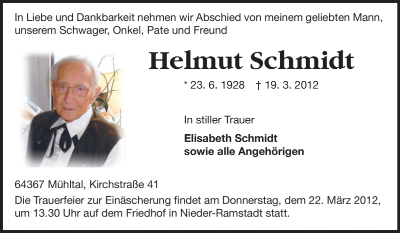 Traueranzeige für Helmut Schmidt vom 20.03.2012 aus Echo-Zeitungen (Gesamtausgabe)