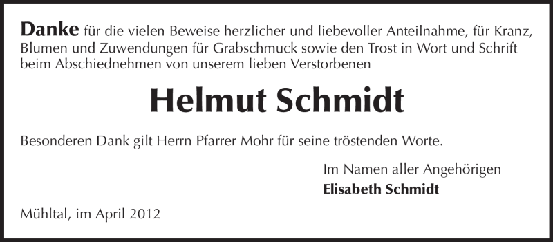  Traueranzeige für Helmut Schmidt vom 07.04.2012 aus Echo-Zeitungen (Gesamtausgabe)