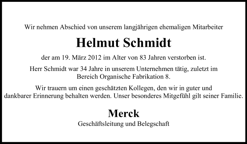  Traueranzeige für Helmut Schmidt vom 11.04.2012 aus Echo-Zeitungen (Gesamtausgabe)