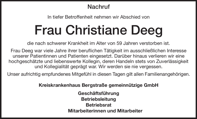  Traueranzeige für Christiane Deeg vom 13.06.2012 aus Starkenburger Echo