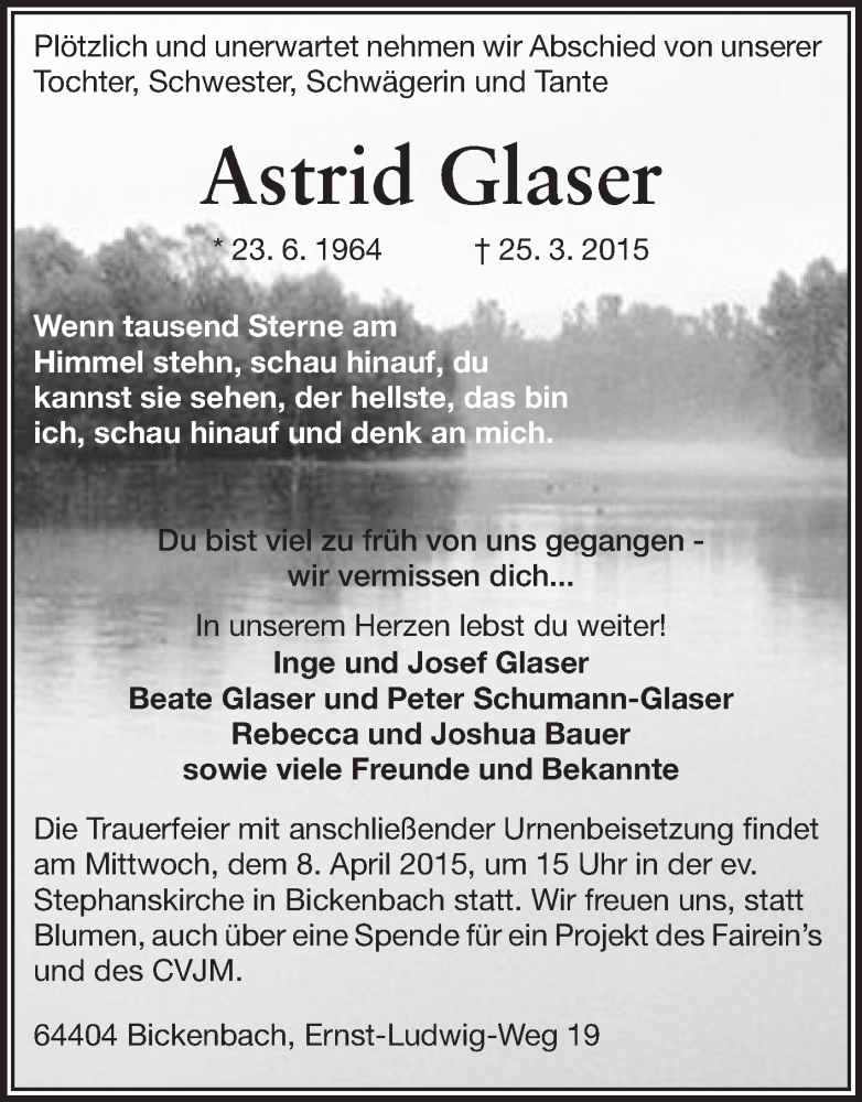  Traueranzeige für Astrid Glaser vom 04.04.2015 aus Echo-Zeitungen (Gesamtausgabe)