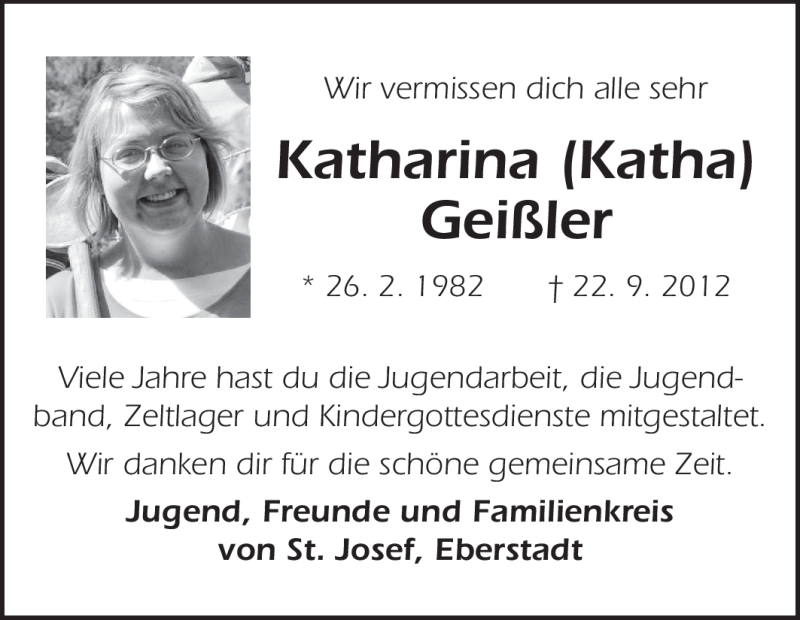  Traueranzeige für Katharina Geißler vom 29.09.2012 aus Echo-Zeitungen (Gesamtausgabe)