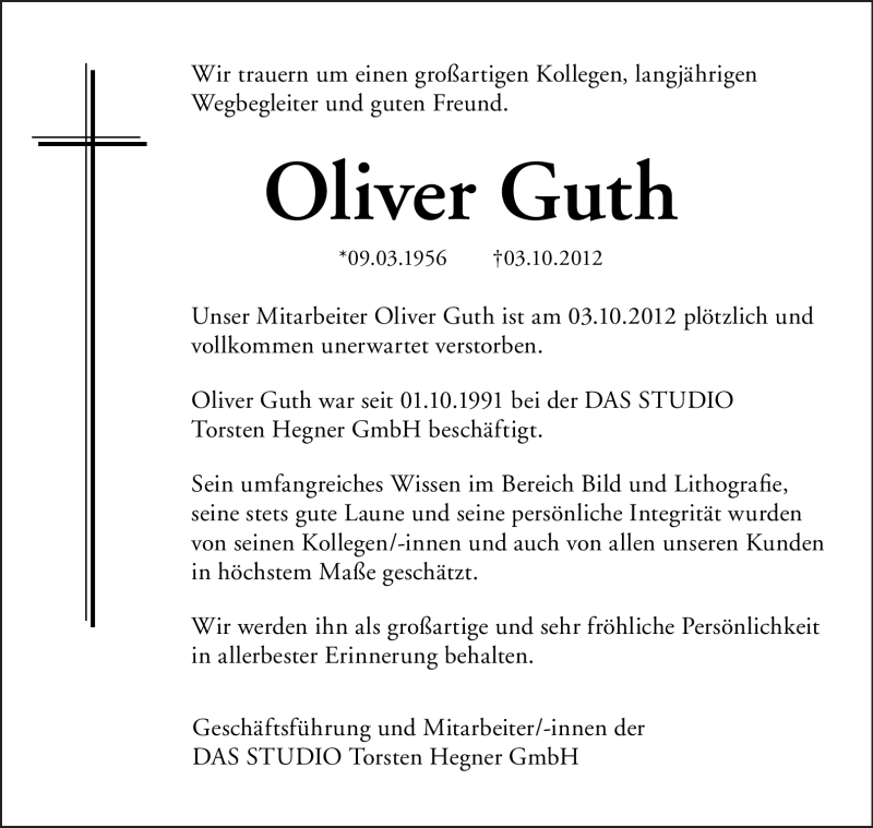  Traueranzeige für Oliver Guth vom 12.10.2012 aus Echo-Zeitungen (Gesamtausgabe)