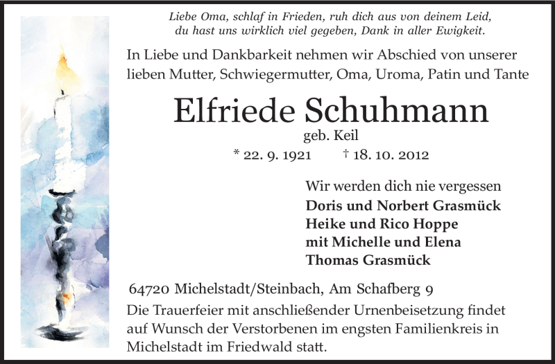  Traueranzeige für Elfriede Schuhmann vom 23.10.2012 aus Odenwälder Echo