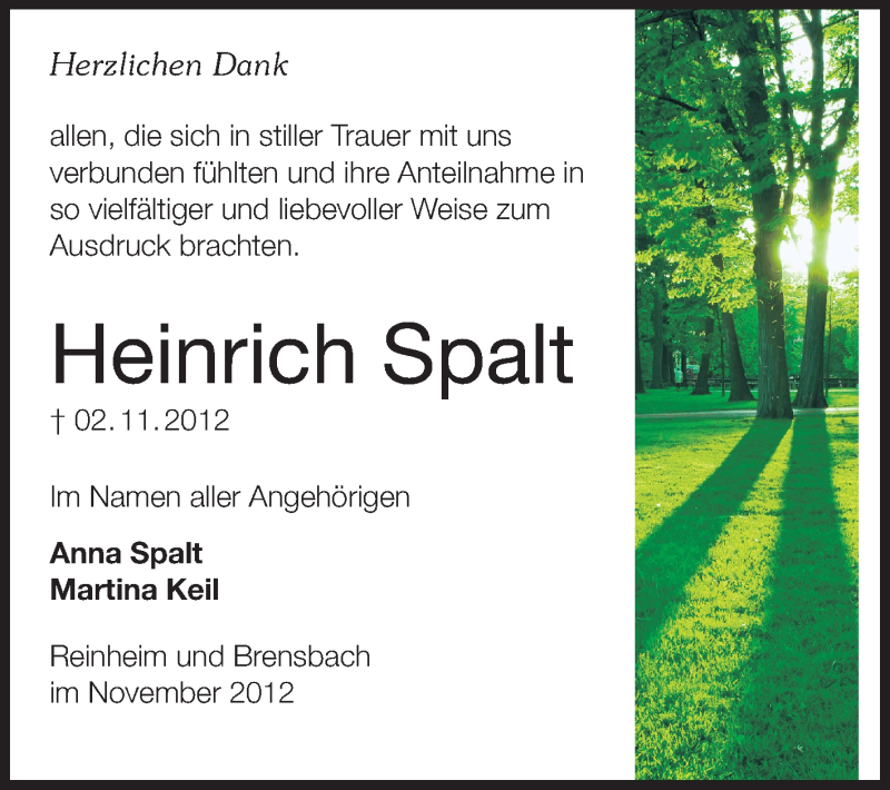  Traueranzeige für Heinz Spalt vom 01.12.2012 aus Darmstädter Echo