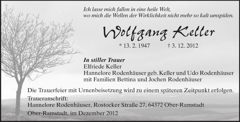  Traueranzeige für Wolfgang Keller vom 08.12.2012 aus Darmstädter Echo, Odenwälder Echo, Rüsselsheimer Echo, Groß-Gerauer-Echo, Ried Echo