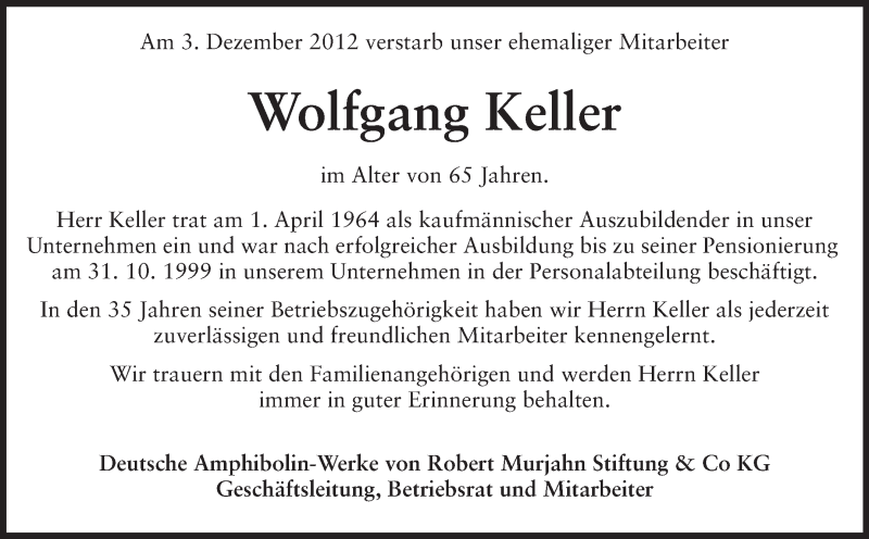  Traueranzeige für Wolfgang Keller vom 08.12.2012 aus Echo-Zeitungen (Gesamtausgabe)