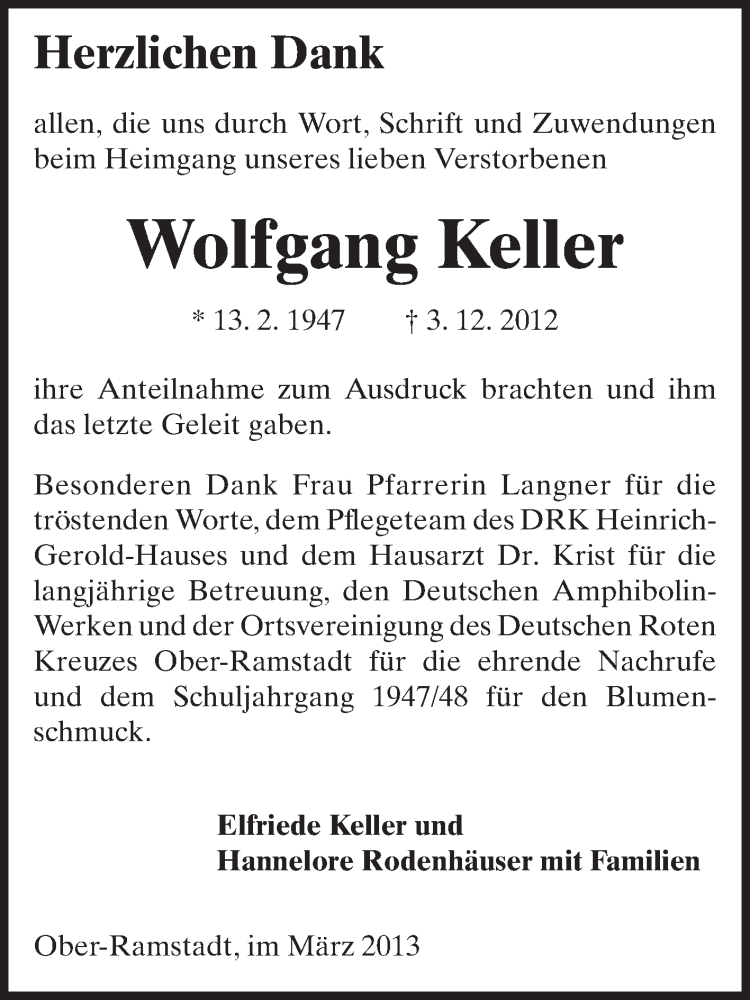  Traueranzeige für Wolfgang Keller vom 02.03.2013 aus Echo-Zeitungen (Gesamtausgabe)