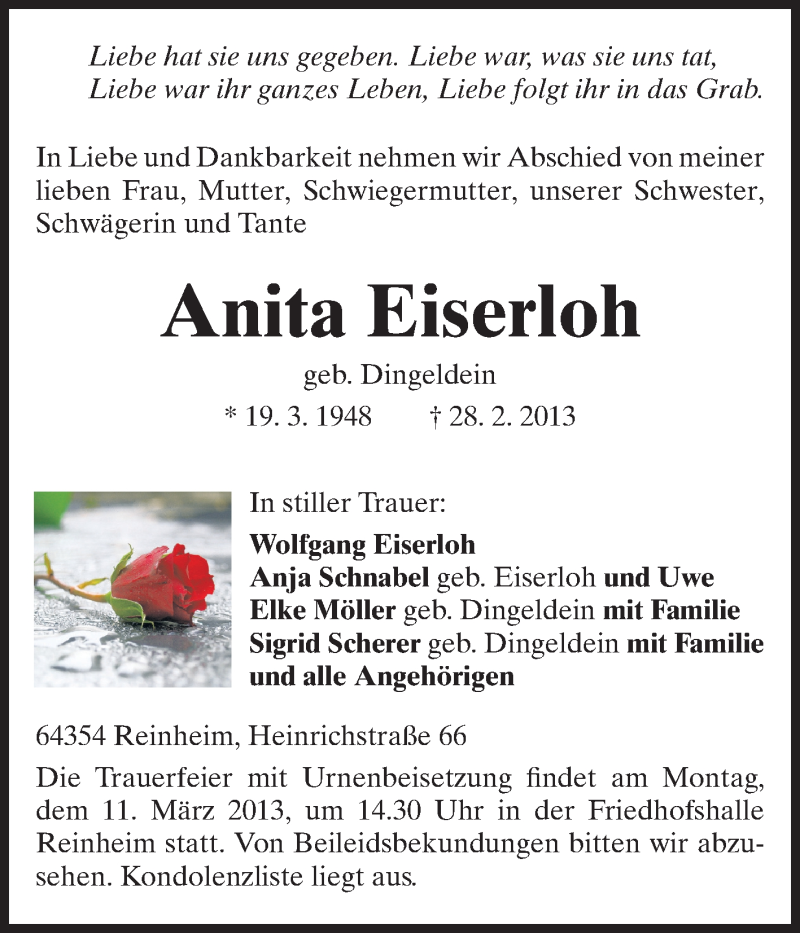  Traueranzeige für Anita Eiserloh vom 06.03.2013 aus Darmstädter Echo, Odenwälder Echo, Rüsselsheimer Echo, Groß-Gerauer-Echo, Ried Echo