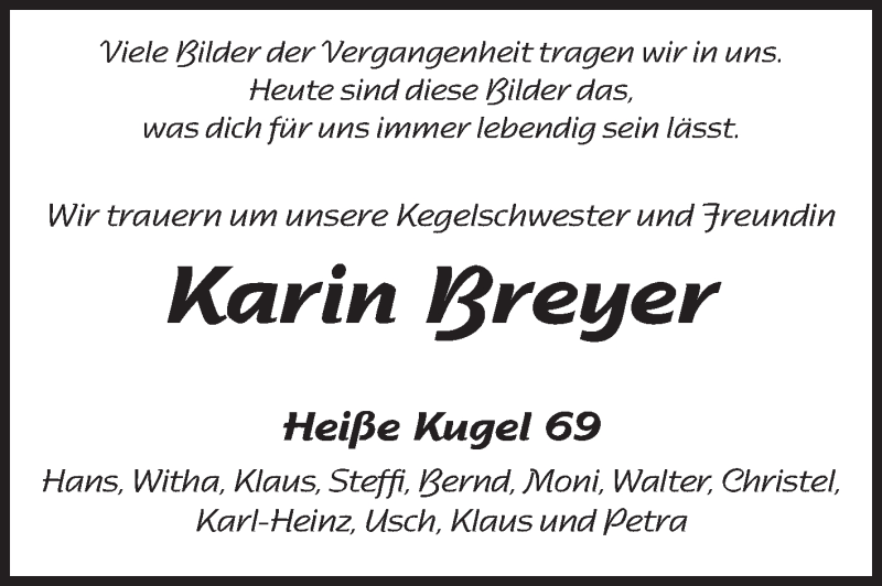  Traueranzeige für Karin Breyer vom 29.05.2013 aus Echo-Zeitungen (Gesamtausgabe)