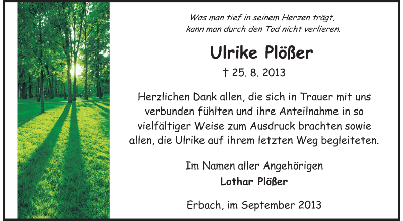  Traueranzeige für Ulrike Plößer vom 25.09.2013 aus Odenwälder Echo