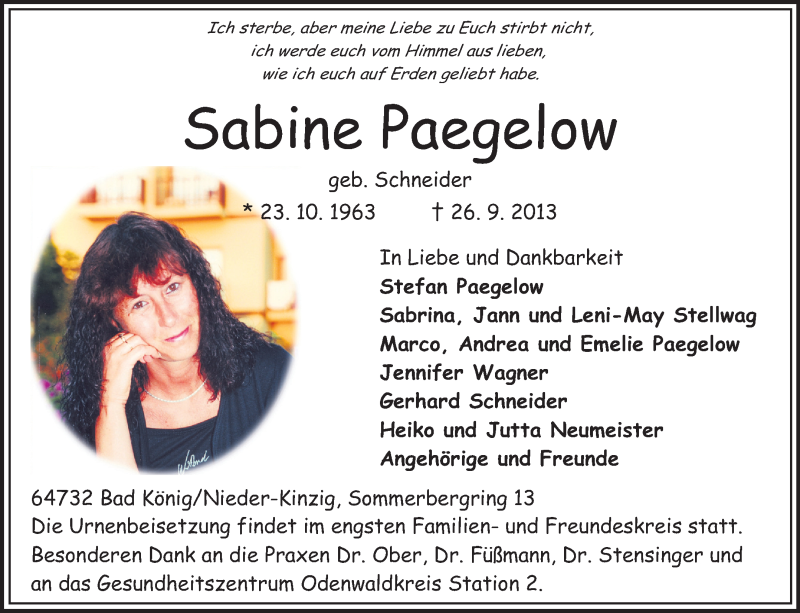  Traueranzeige für Sabine Paegelow vom 28.09.2013 aus Odenwälder Echo